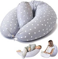 Bamibi 孕妇枕 - 全身支撑 - 为成人和孕妇的背部、臀部、腿部和腹部提供支撑 - 可拆卸 棉套（灰色心形）