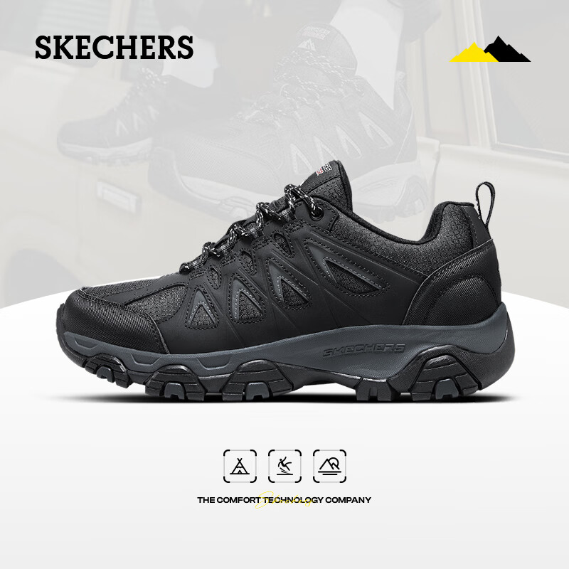 SKECHERS 斯凯奇 男士户外徒步鞋秋冬季保暖城市旅游运动鞋防滑耐磨厚底防水登山鞋 BKCC黑色/炭灰色