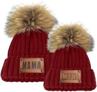个性化亲子无檐*帽,2 件装妈妈迷你 Pom Pom 帽子,母婴男孩女孩冬季保暖针织帽礼品