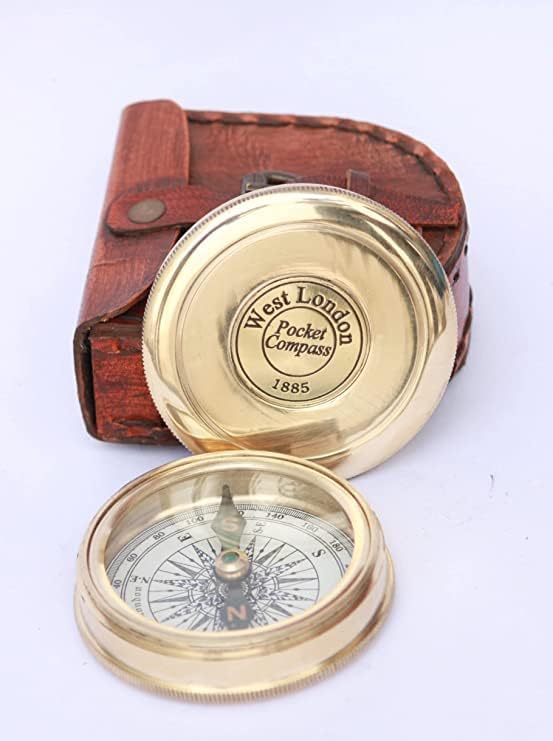 Poless 航海黄铜诗指南针 5.08 厘米复古金色口袋指南针 1885 带皮革盒 N&R Handicraft 
