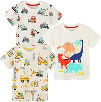 Generic 幼儿男婴 3 件装棉质短袖衬衫衣服恐龙图案 T 恤套装
