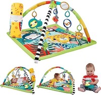 Fisher-Price 3 合 1 嬰兒健身房，新生兒到幼兒俯臥時間游戲墊，帶 5 個感官玩具