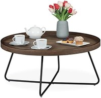 Relaxdays 茶幾,圓形儲物桌,高 x D:36 x 78 厘米,木質外觀和鋼,茶幾客廳,棕色/黑色