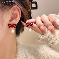 TMOWO S925銀針紅色復古植絨蝴蝶結耳環女新款潮秋冬甜美氣質耳環