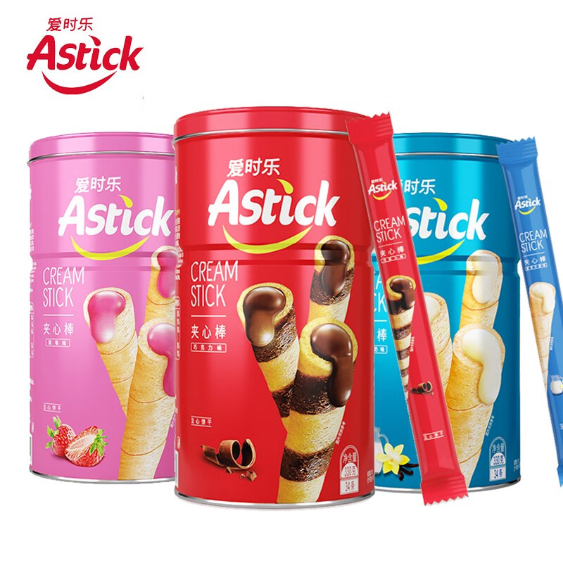 AStick 爱时乐 夹心棒注心饼干零食小吃蛋卷150g*3罐