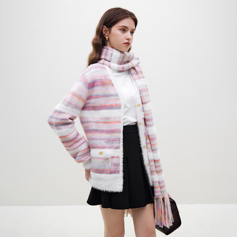 范思蓝恩 23FS14205彩虹条纹软糯针织开衫女2023冬仿貂绒外套 彩虹条纹 M