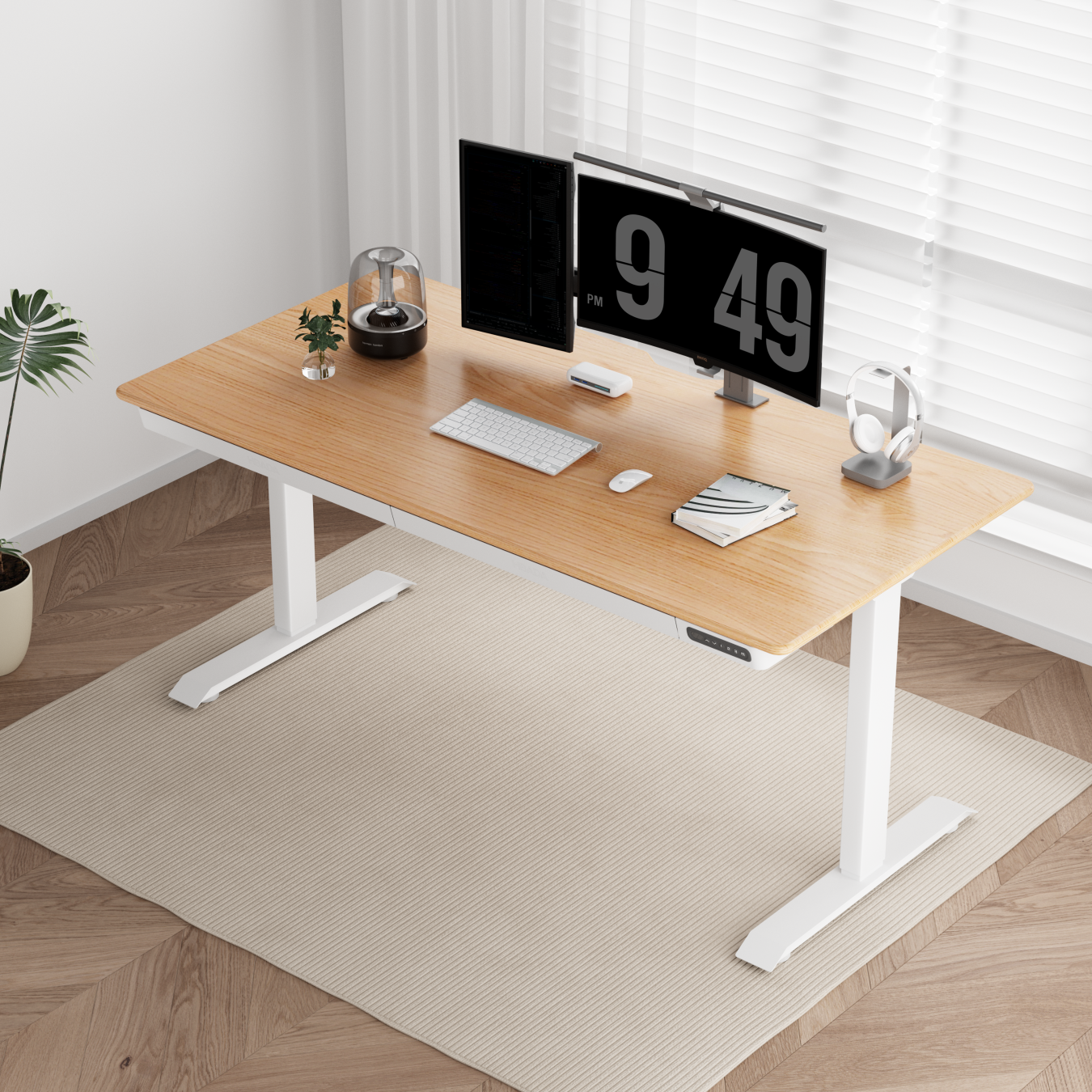 黑白调（Hbada）N301智能电动升降桌纯实木简约电脑桌学习书桌子高配原木色1.6m
