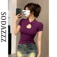 SODAZZZ 新中式国风紫色镂空紧身短袖t恤女夏季辣妹性感修身上衣