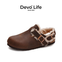 Devo 的沃 Life的沃软木拖鞋包头半包加绒加毛外穿冬季女鞋23007