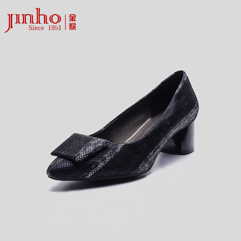 JINHOU 金猴 韩版羊皮革低跟单鞋女职业尖头中跟单鞋女春秋鞋