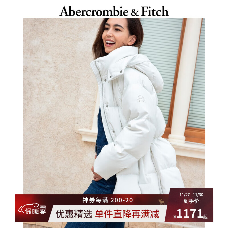 ABERCROMBIE & FITCH女装 中长款保暖外套防风美式连帽服 341276-1 白色 S (165/92A)