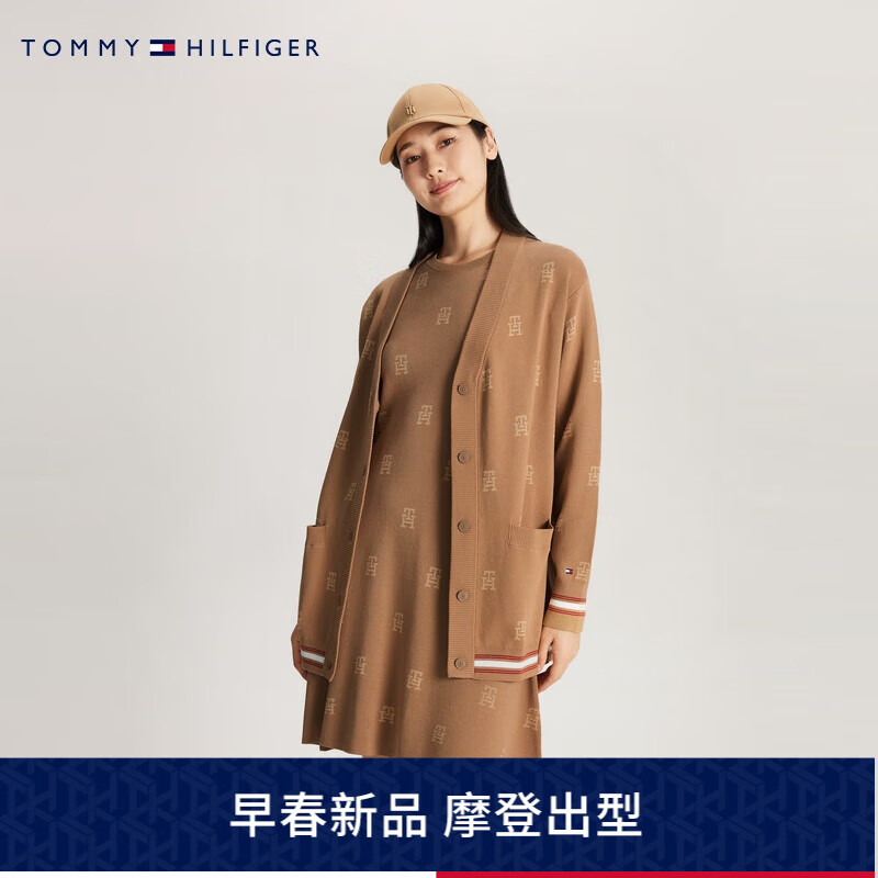 TOMMY HILFIGER【龙年系列】 24早春女装通勤提花V领宽松针织开衫外套41637 卡其色0I1 S