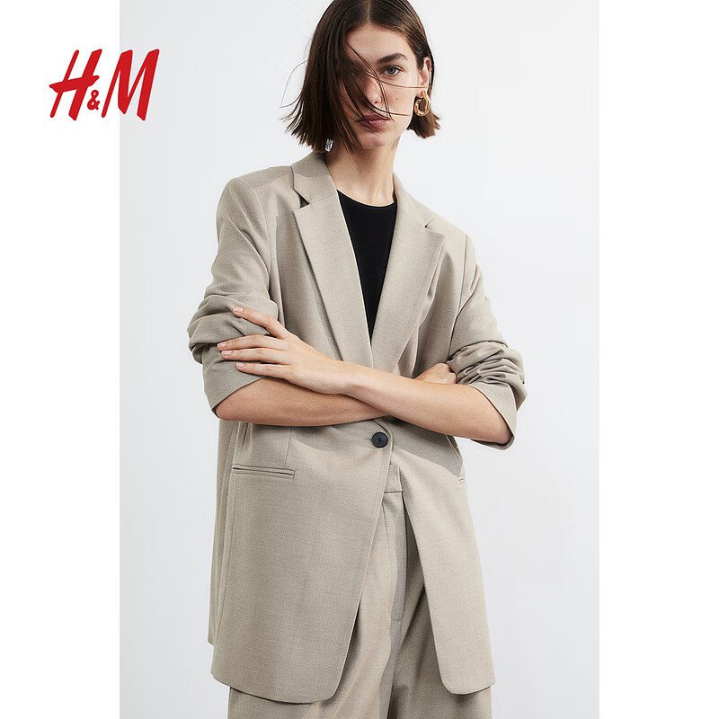 H&M女装西装外套直筒单粒扣休闲褶袖西装上衣1082177 米色 170/104A
