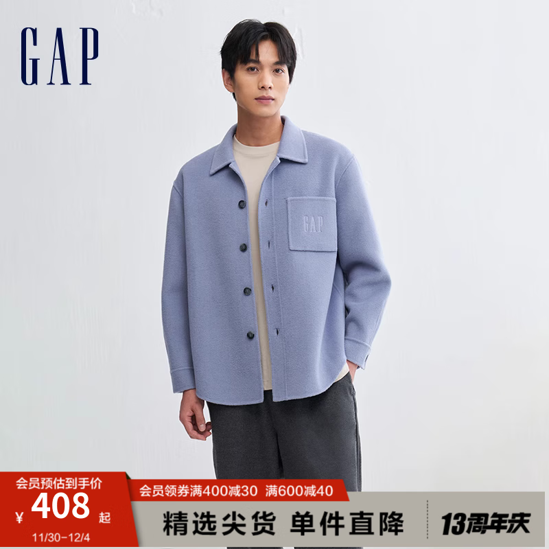 Gap男装冬季2023LOGO羊毛混纺休闲翻领夹克889749衬衫式外套 蓝色 175/92A(S)