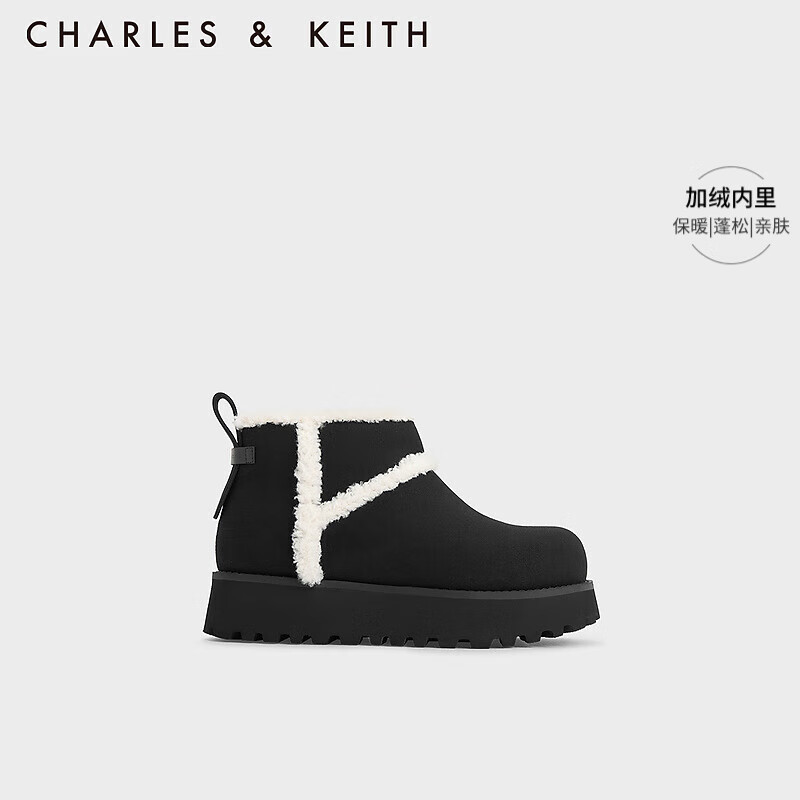 CHARLES & KEITH CHARLES&KEITH23冬厚底加绒内里保暖雪地靴女短靴女子女靴女士CK1-90280054 BLACK TEXTURED黑色纹理 37