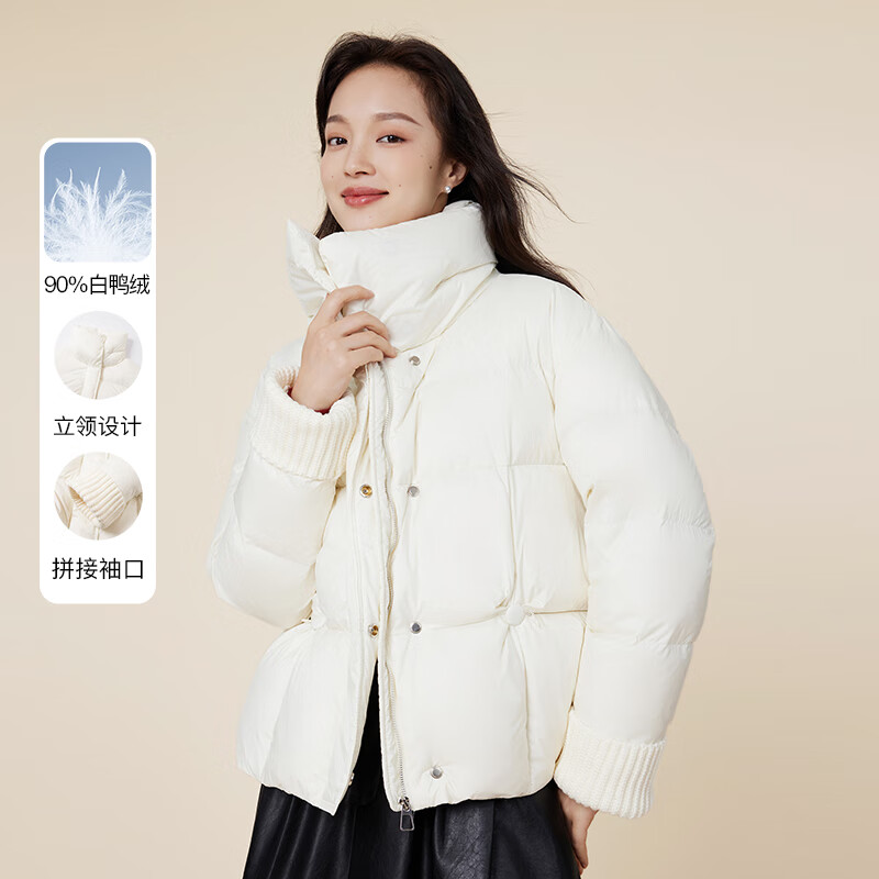 洛可可（ROCOCO）立领抗风短款冬装服女2023保暖加厚时尚面包服外套 米色 S