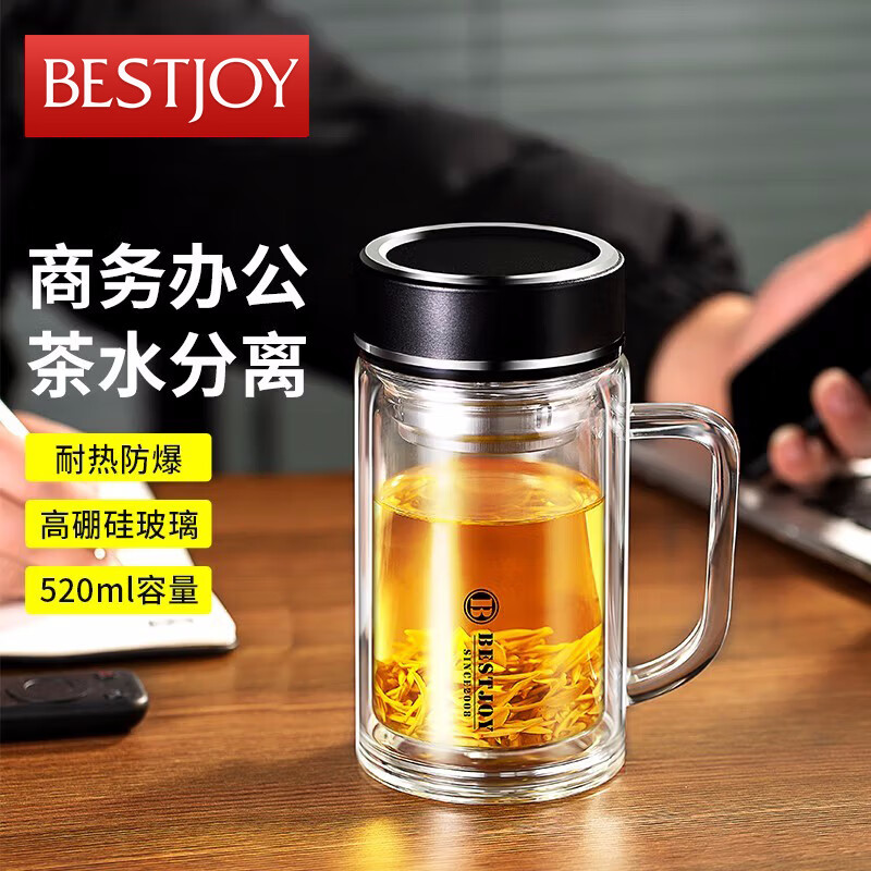 BESTJOY 富光拾喜 双层玻璃杯男女办公杯耐热防烫带手柄带滤网大容量杯子 520ml黑色