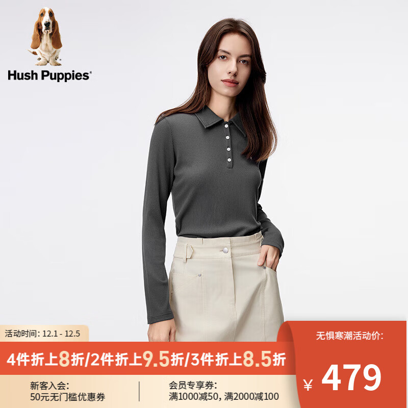 Hush Puppies暇步士女装2024春复古休闲莫代尔混纺正肩Polo衫 129中灰 XS
