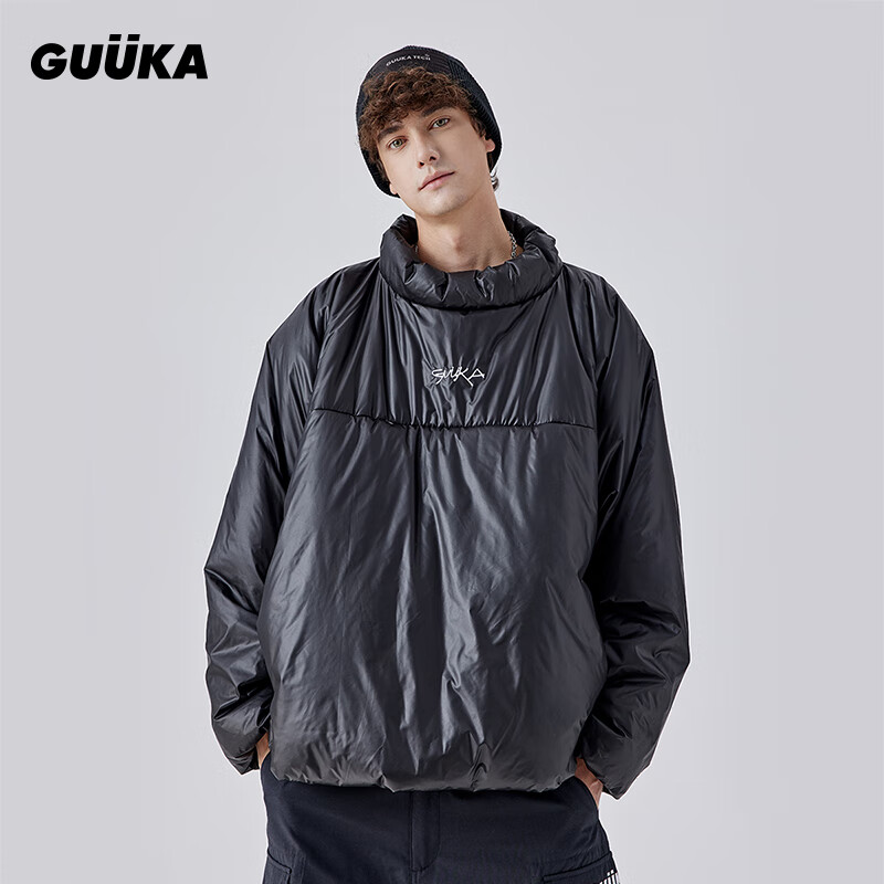 古由卡（GUUKA）潮牌高领套头棉衣男冬季 青少年分割设计保暖时尚棉服宽松 黑色 XL