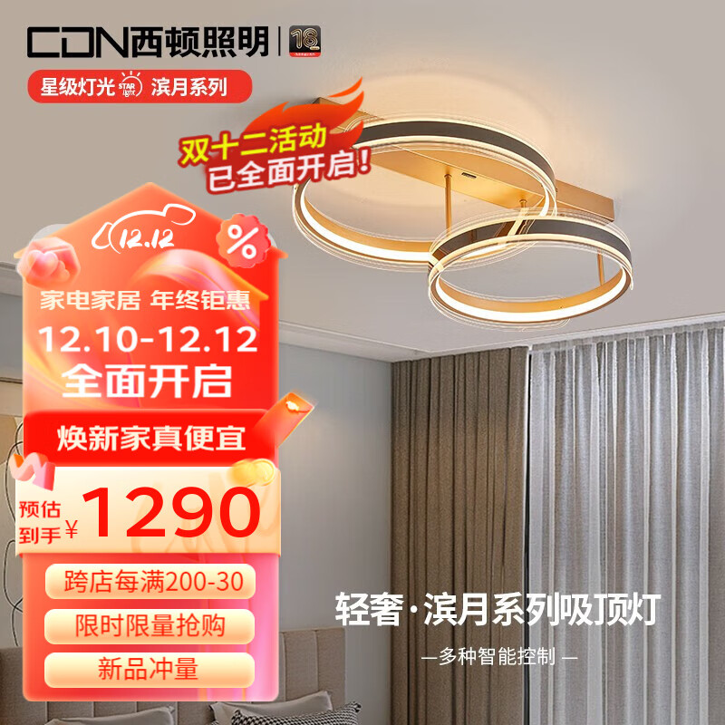 西顿照明（CDN）大气圆环形智能控制卧室现代轻奢客厅餐厅灯具简约吊灯简约现代 9336-双环X顶灯-96W-无极调光