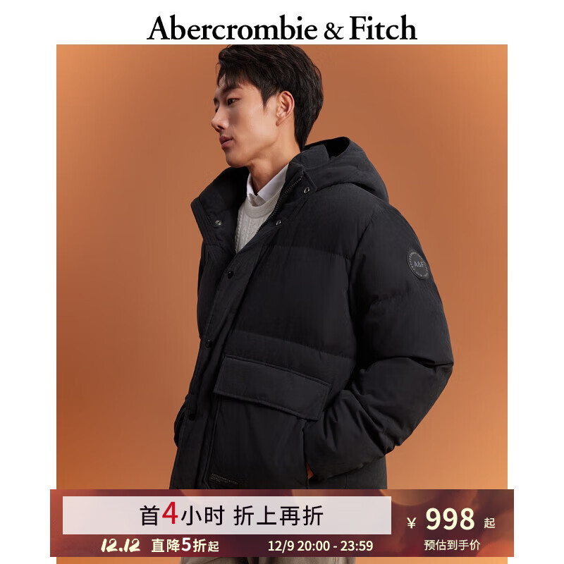 ABERCROMBIE & FITCH男装 美式抗风外套工装风保暖连帽羽绒服 342616-1 黑色 L (180/108A)