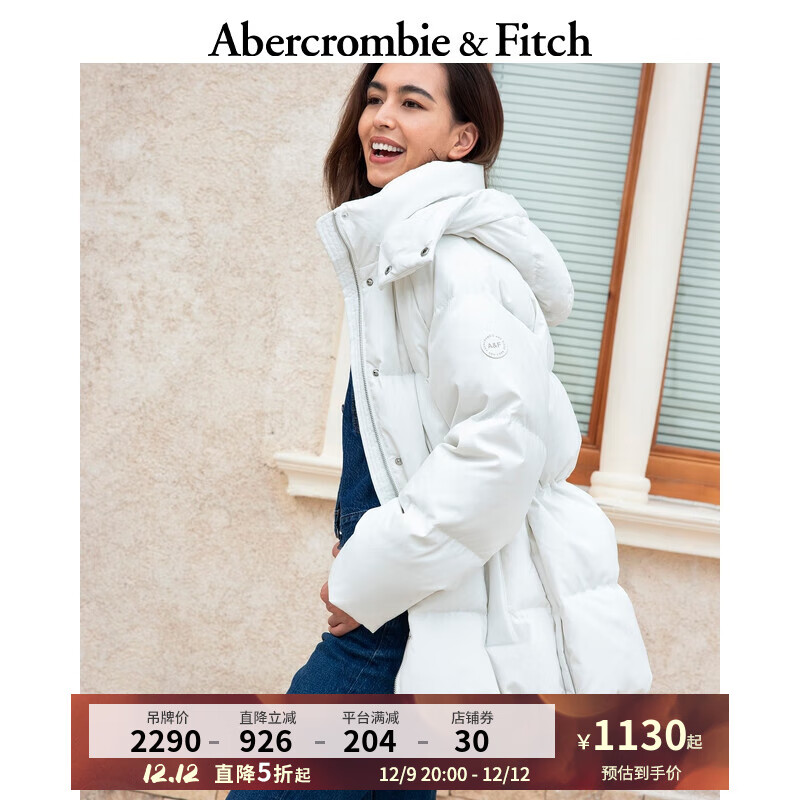 ABERCROMBIE & FITCH女装 中长款保暖外套抗风美式连帽羽绒服 341276-1 白色 XL (170/112A)