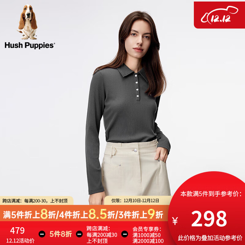 Hush Puppies暇步士女装2024春复古休闲莫代尔混纺正肩Polo衫 129中灰 L