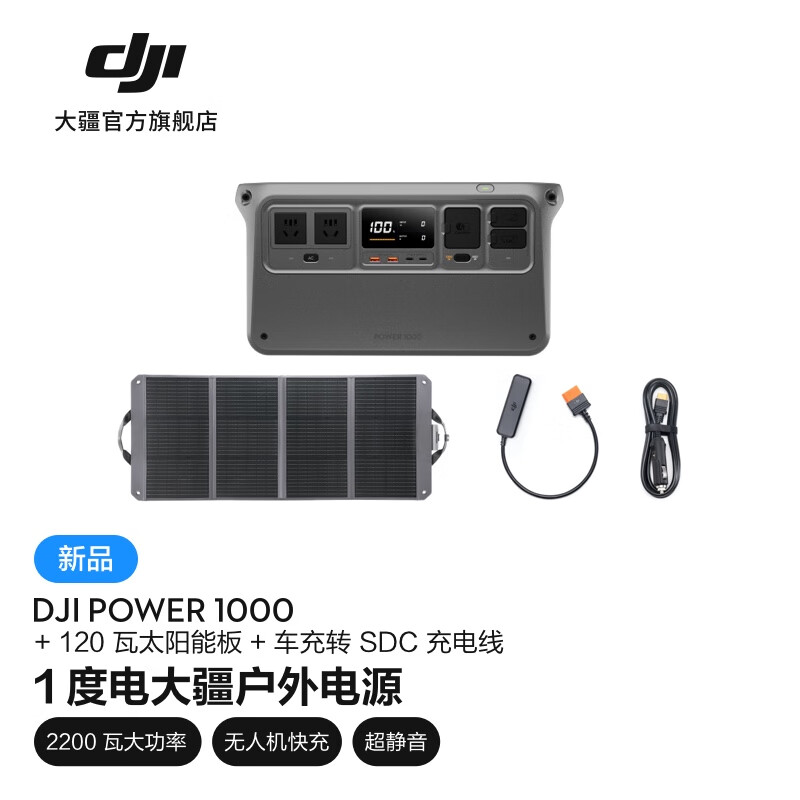 大疆 DJI Power 1000 户外电源 1度电220V大功率露营车载应急备用移动储能太阳能充电 标配+120瓦太阳能板+车充转 SDC 充电线