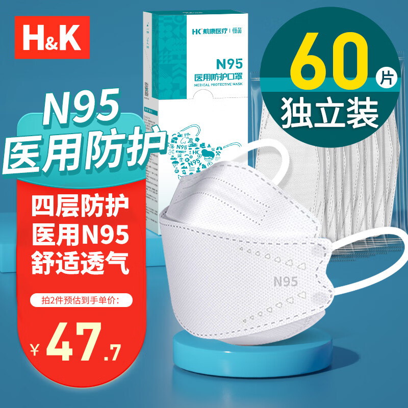 H&K N95型口罩 n95级医用防护口罩 3D立体鱼嘴柳叶型成人口罩冬季抗寒 一次性医疗级别独立包装 白色60只