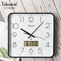 天王星（Telesonic）方形挂钟客厅创意钟表简约家用自动对时电波钟卧室装饰日历时钟表 黑色日历款 13英（直径33厘米）