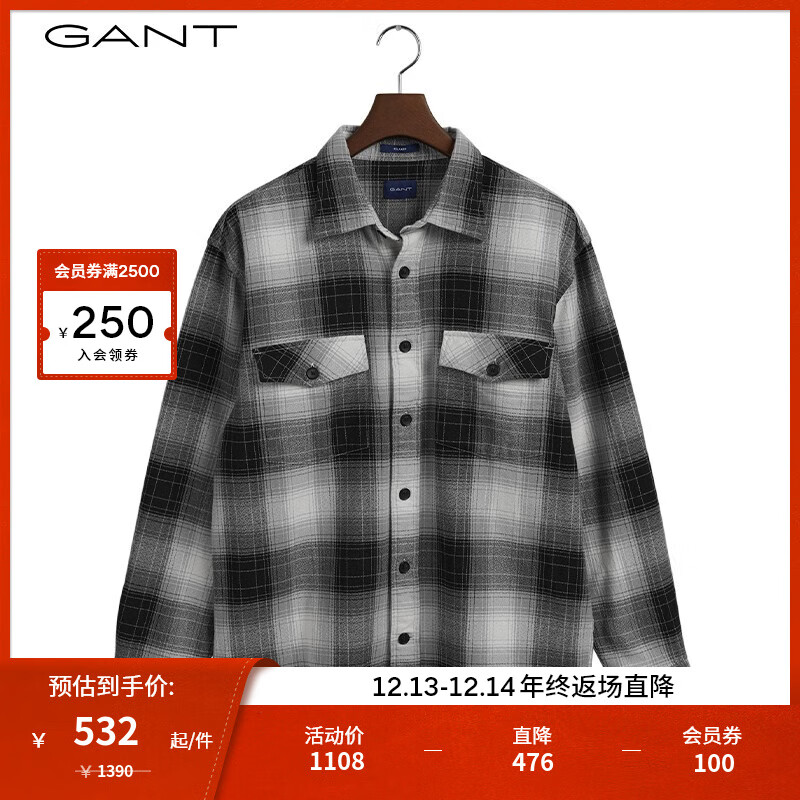 GANT 甘特 男士潮流时尚休闲格纹印花长袖衬衫|3220053 5黑色 M