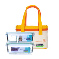 Glasslock韩国耐热钢化玻璃保鲜盒可微波炉加热饭盒通勤带饭包包2件套 分隔670ml+长方695ml+米黄包