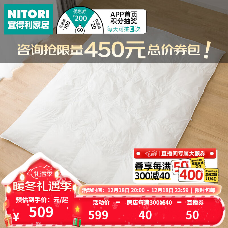 NITORI宜得利家居 卧室床上用品 轻量酒店被 双层精选款 白色 特大双人