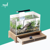 Nepall 小型桌面觀賞魚缸 (長28CM) 裸缸及中式木盒底座 適合辦公室 家用客廳 迷你創意超白玻璃水族箱
