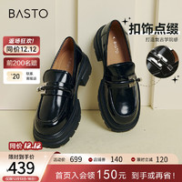 BASTO 百思图 2024春季商场同款英伦学院风乐福鞋粗跟女单鞋TFW40AA4 黑色 38