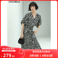 COCO BELLA COCOBELLA设计感抽褶斑马纹连衣裙气质通勤V领长裙FR911