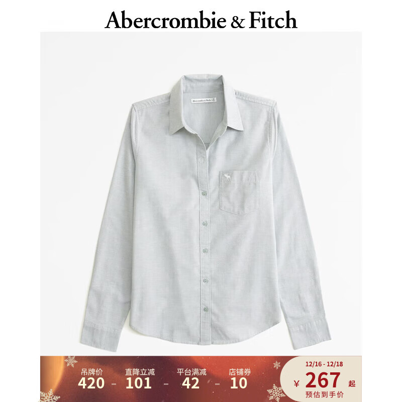 Abercrombie & Fitch 女装 小麋鹿白领气质通勤纯色百搭美式复古长袖衬衫 355470-1 绿色 XL (170/112A)
