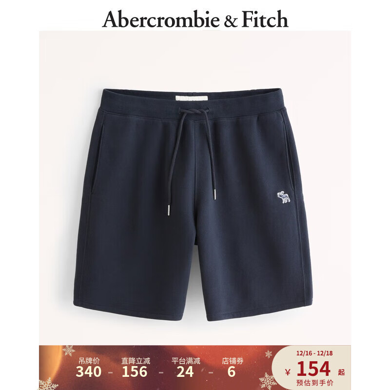 Abercrombie & Fitch 男装 美式复古刺绣小麋鹿运动街头宽松直筒抓绒短裤 328856-1 海军蓝 L (180/86A)