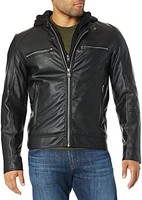 GUESS 盖尔斯 Men's Faux Leather Hooded Moto Jacket