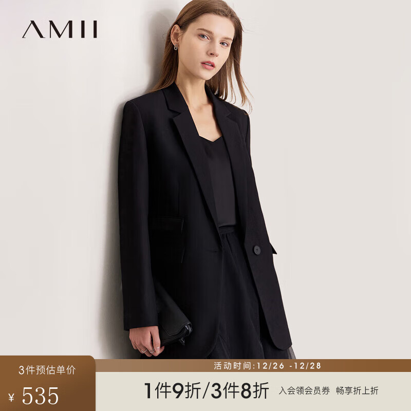 AMII高级通勤风翻驳领一粒扣西装女职业装正装西服 黑色 165/88A/L