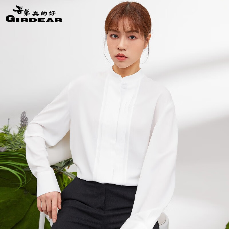 哥弟真的好女装简约通勤套头立领衬衣中长款雪纺白衬衫女8300124 白 L(4码)