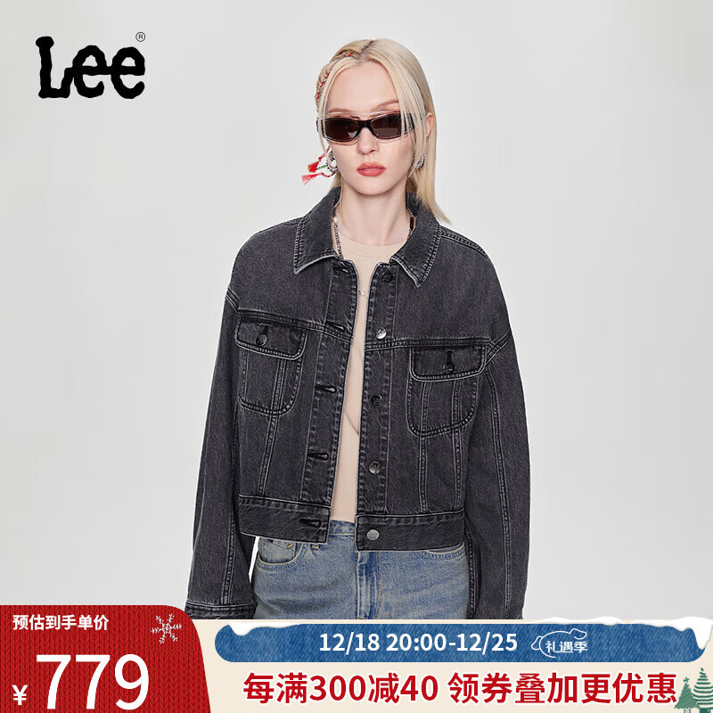 Lee24早春舒适版黑色刺绣女翻领牛仔外套休闲潮LWT008227100 黑色 XS