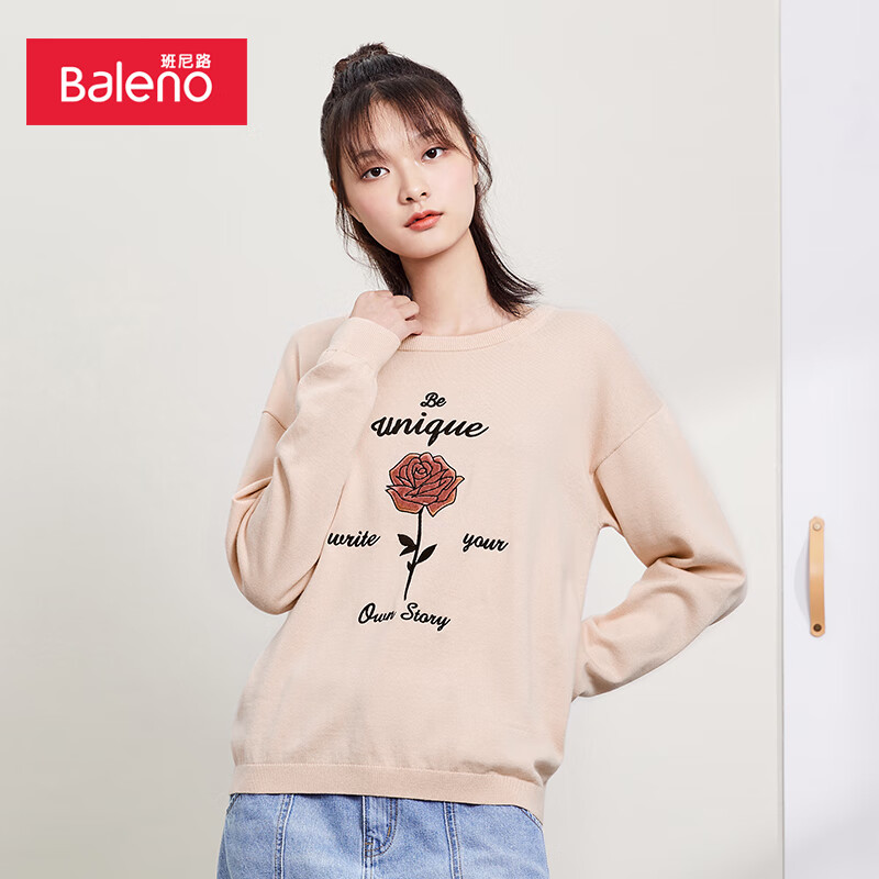 班尼路（Baleno）秋冬毛衣女印花直筒潮流上衣甜美圆领套头长袖落肩针织衫 95K XL