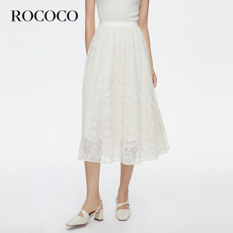 洛可可（ROCOCO）2023早秋法式浪漫蕾丝半身裙奶油白提花A字裙 米色 S