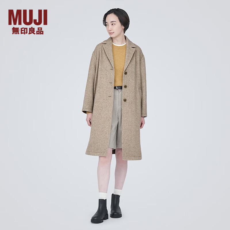 无印良品 無印良品 MUJI 女式 羊毛混 切斯特大衣 长款外套 毛呢大衣秋冬 BDA18C3A 浅米色 L(165/88A)