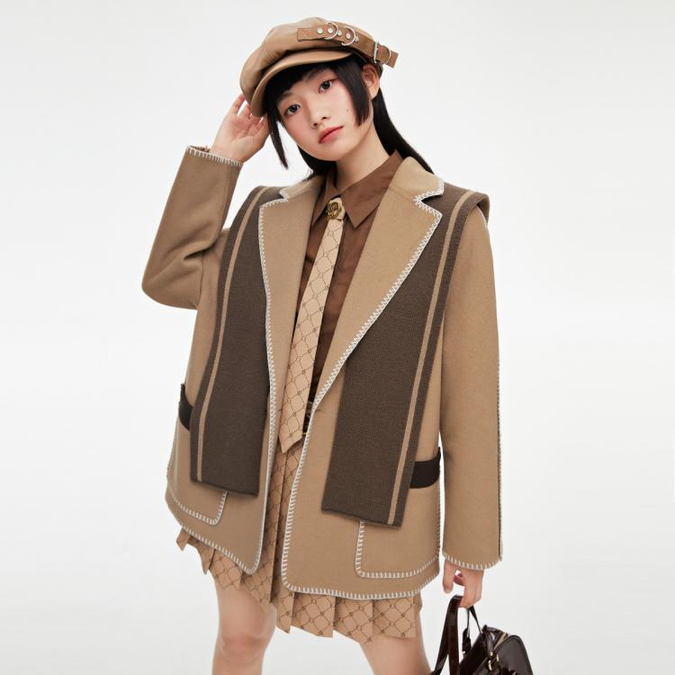 LEDIN 乐町 学院风驼色毛呢外套秋披肩式西装大衣