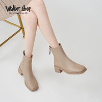 Walker Shop 奥卡索 瘦瘦靴女秋冬羊皮粗跟时装短靴显高显瘦M135359 杏色 35