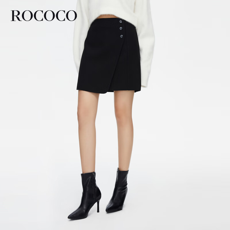 洛可可（ROCOCO）2023早秋优雅气质短裙女设计感纽扣黑色半身裙 黑色 S