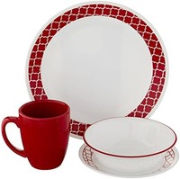 CORELLE 康宁餐具 深红色格子架防碎晚餐套装,玻璃,红色,16 件套,29 x 29 x 14.5厘米