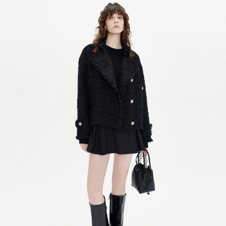 MO&Co. 摩安珂 斜门襟翻领粗花呢小香风外套女装